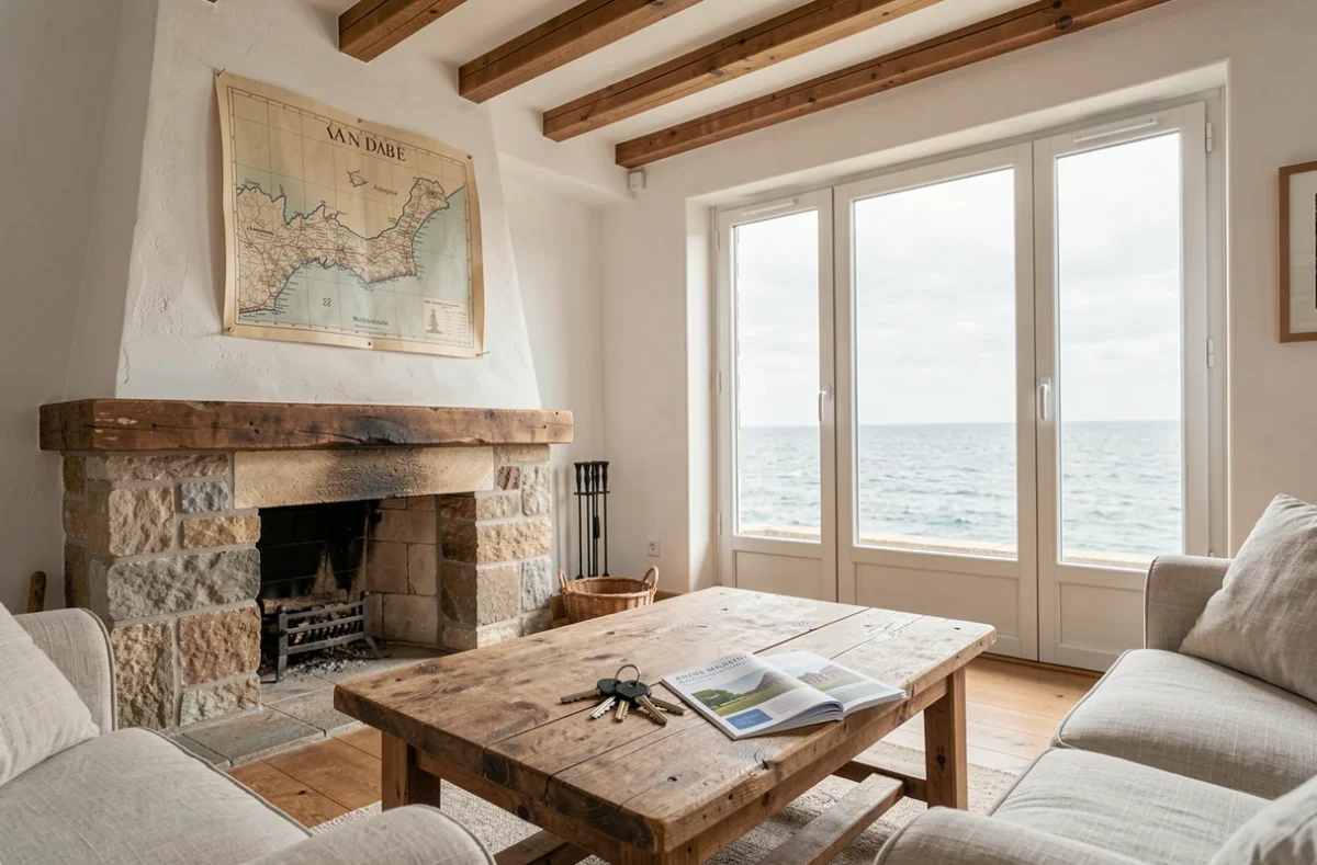 Intérieur lumineux d'une maison de bord de mer en location en Seine-Maritime avec vue sur la Manche