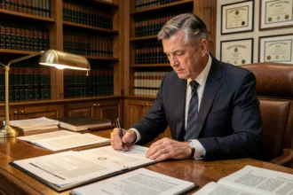 Notaire à Limoges examinant un acte de vente immobilière dans son étude, illustration des frais de notaire