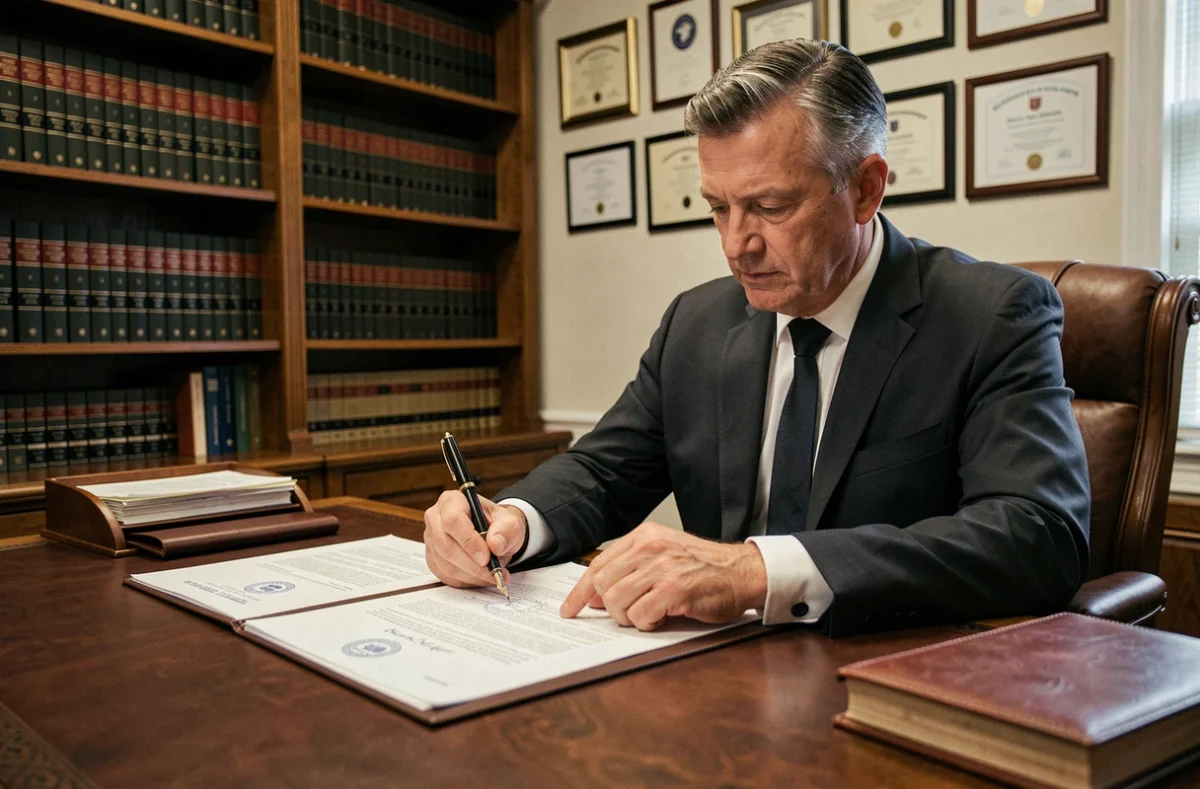 Notaire signant des documents officiels liés à la revente d'un bien immobilier soumis aux conditions du prêt à taux zéro