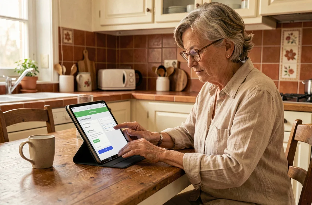 Femme consultant les paramètres de sécurité de son espace client MyFoncia sur une tablette dans sa cuisine