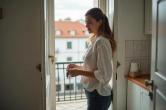 Jeune femme tenant des clés devant son premier appartement abordable à Lisbonne au Portugal