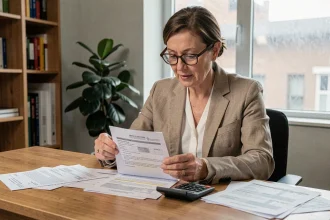 Propriétaire examinant un contrat de location meublée avec calcul des charges locatives sur un bureau en bois