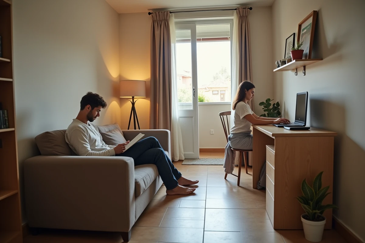Espace de vie partagé dans une résidence étudiante économique au Portugal avec deux colocataires