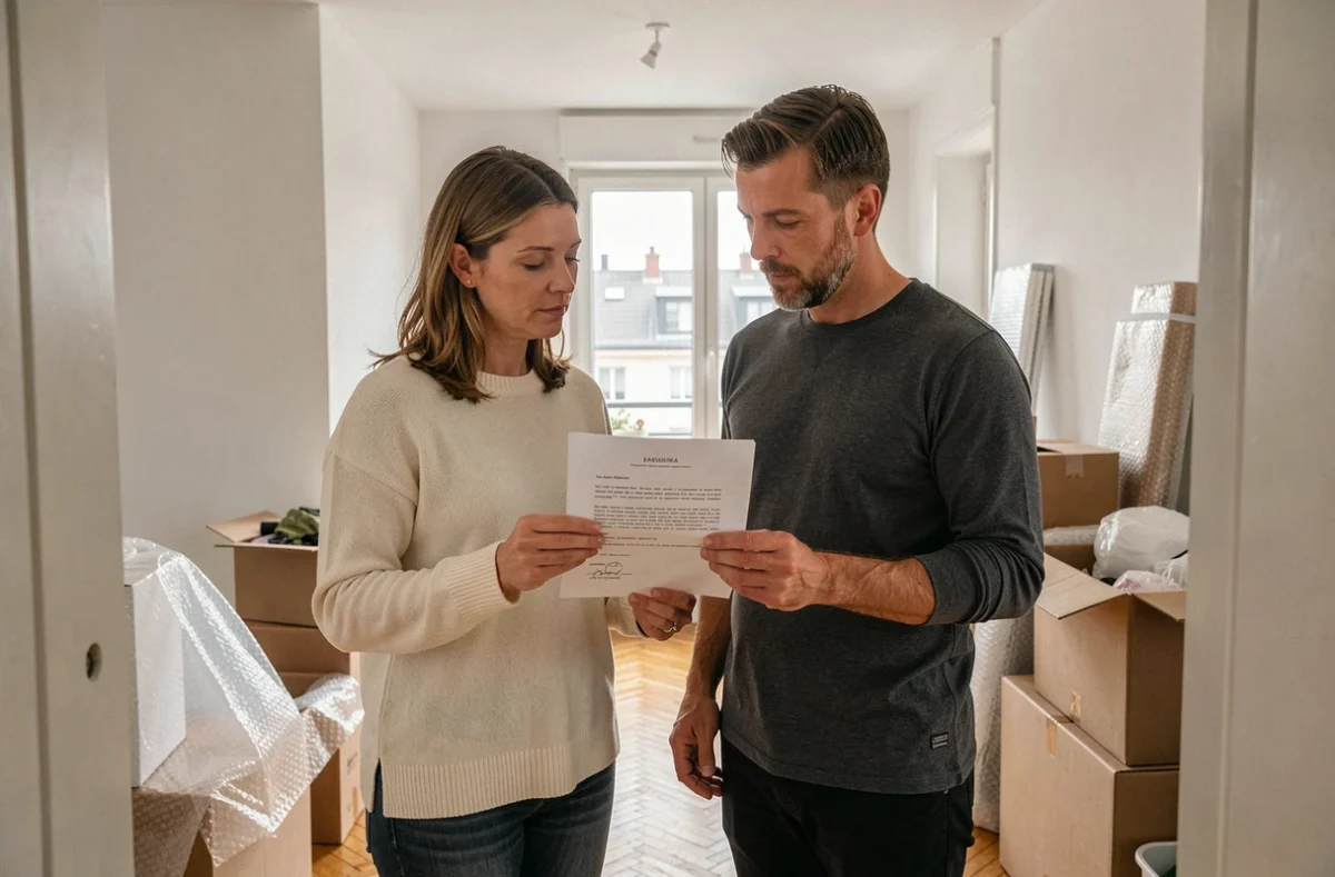 Couple examinant un courrier officiel concernant la revente anticipée d'un bien financé par un PTZ entouré de cartons de déménagement