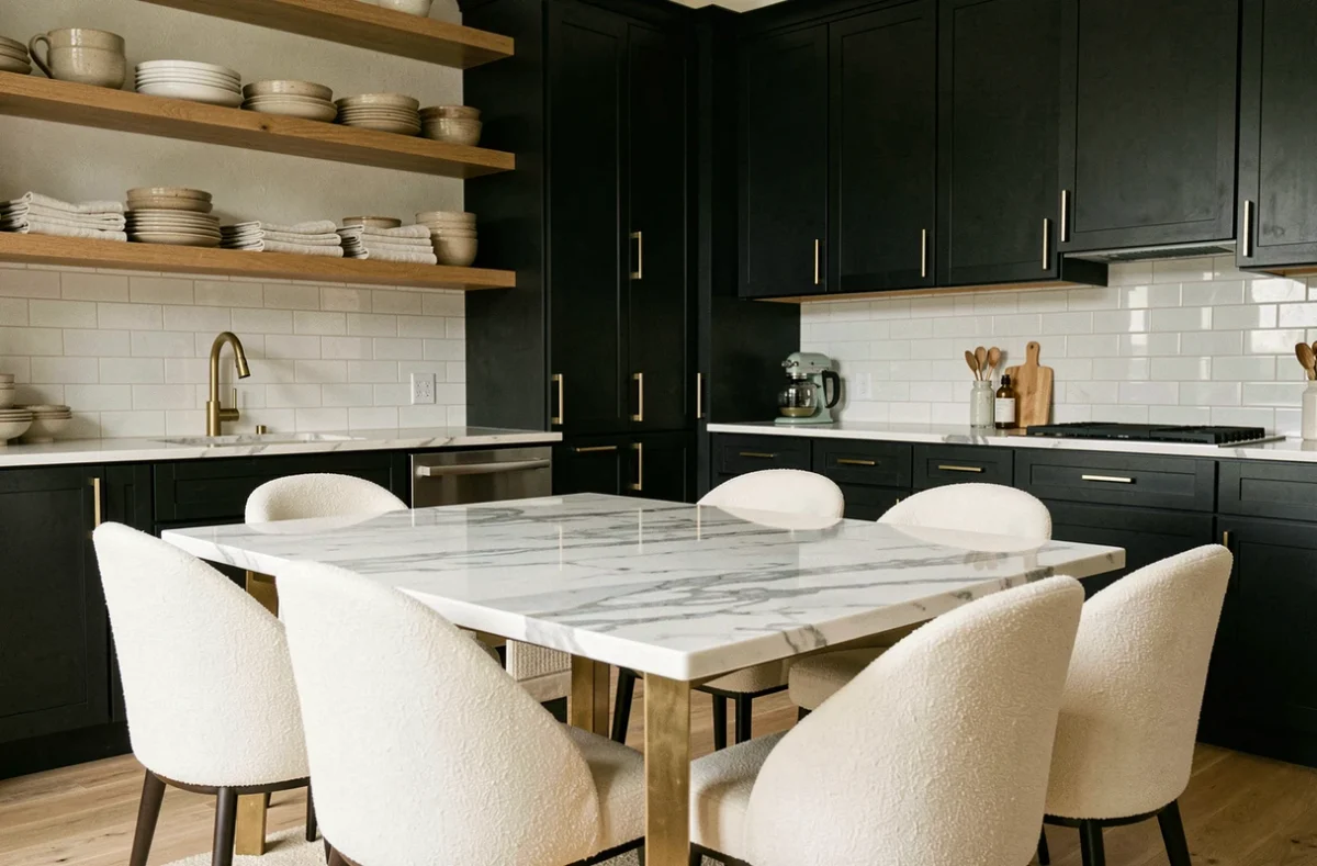 Salle à manger et cuisine de location meublée premium avec table en marbre, chaises en bouclé crème et cabinetry noir mat avec quincaillerie en laiton brossé