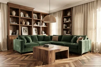 Salon de location meublée haut de gamme avec canapé en velours vert, table basse en noyer et bibliothèque sur mesure sur parquet en point de Hongrie