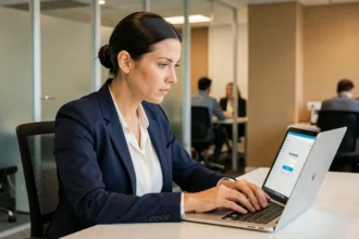 Femme professionnelle sécurisant ses données clients sur un ordinateur portable dans un bureau moderne