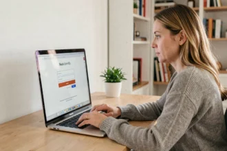 Femme sécurisant son accès espace client MyFoncia sur un ordinateur portable à son bureau à domicile