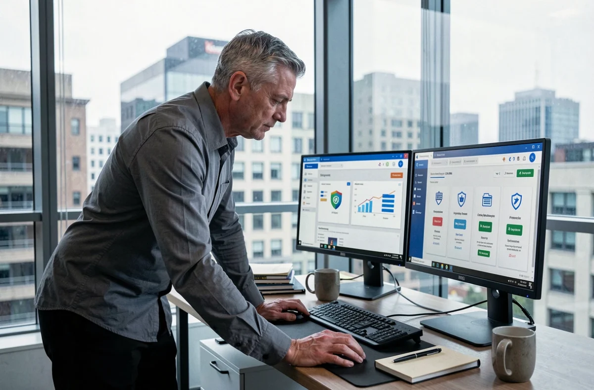 Homme d'affaires consultant un tableau de bord CRM sécurisé sur double écran dans un bureau vitré
