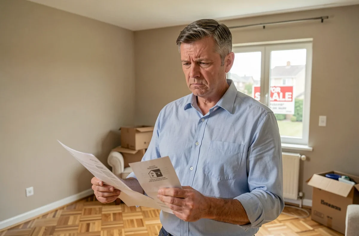 Vendeur immobilier sceptique examinant des documents d'estimation dans un salon de maison à vendre