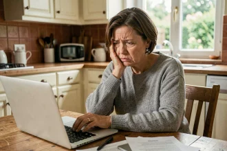 Femme frustrée lisant une estimation immobilière décevante sur son ordinateur portable dans une cuisine familiale