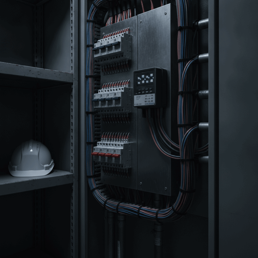 Tableau électrique et compteur d'énergie dans un local technique d'un bâtiment tertiaire