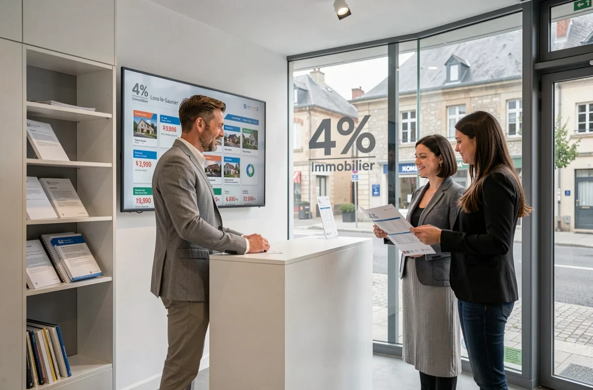 Agent de 4% Immobilier à Lons-le-Saunier présentant des annonces avec des frais transparents à un couple de clients