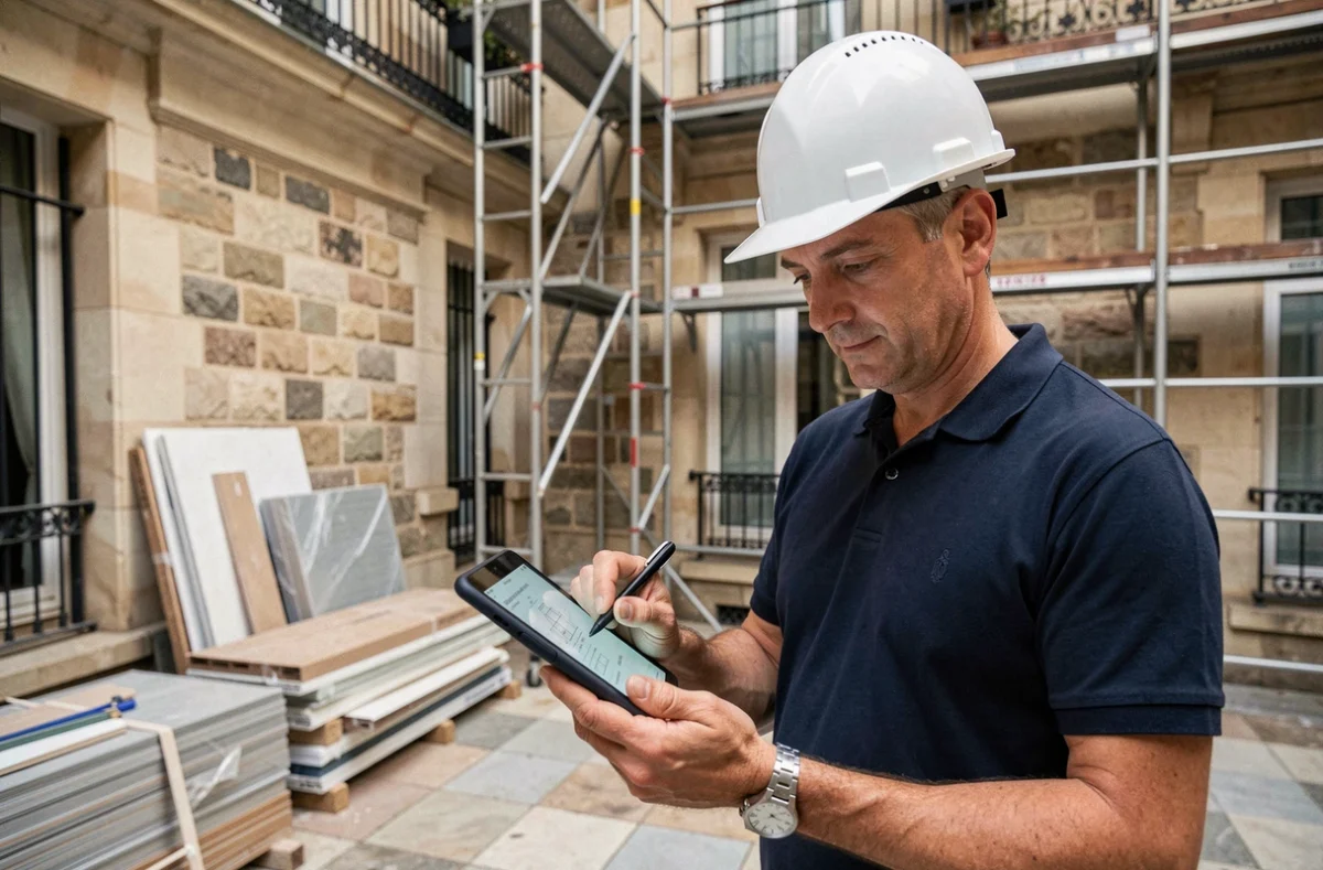 Gestionnaire technique du syndic Administra en inspection dans la cour d'un immeuble parisien en rénovation