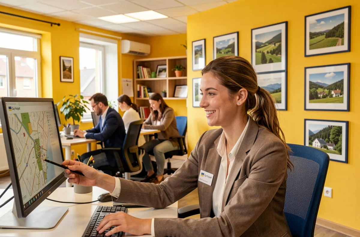 Agence Guy Hoquet Vesoul avec une agente souriante travaillant sur des annonces immobilières en Haute-Saône