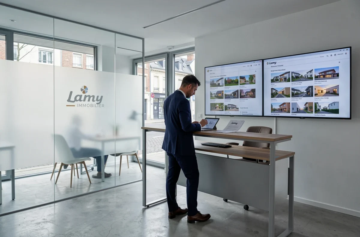 Bureau moderne de l'agence Lamy Immobilier à Vesoul avec un agent consultant des annonces sur tablette