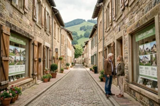 Rue commerçante du Jura avec des vitrines d'agences immobilières et un couple regardant des annonces de propriétés