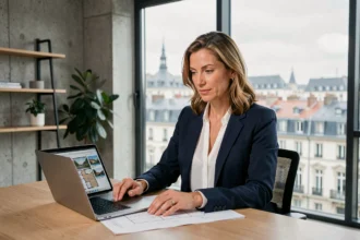 Agent immobilière professionnelle analysant le marché lyonnais dans un bureau moderne avec vue sur la Presqu'île de Lyon
