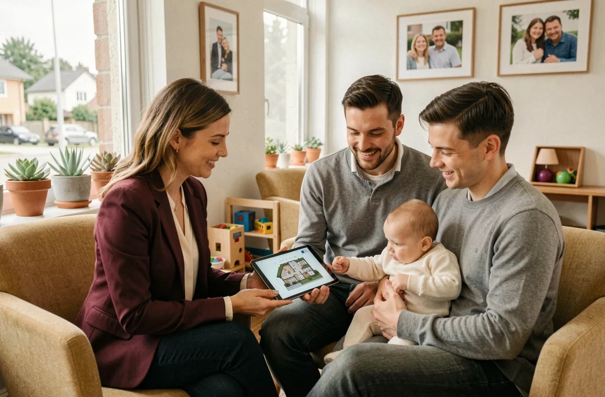 Conseillère AS Habitat accompagnant une jeune famille avec un bébé dans le choix d'un bien immobilier dans le Jura
