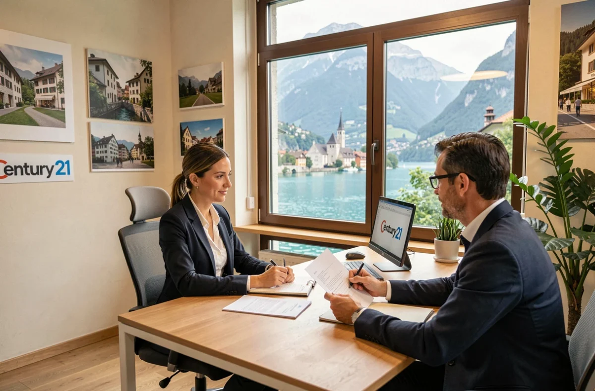 Agent Century 21 en consultation avec un client dans l'agence d'Annecy avec vue sur le lac en arrière-plan