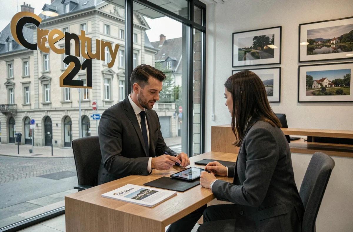 Agent Century 21 à Dole présentant des documents immobiliers sur tablette à un client près d'une fenêtre avec vue sur la ville