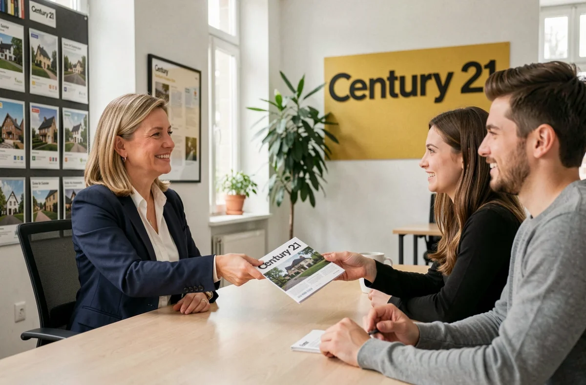 Agente immobilière Century 21 à Lons-le-Saunier remettant une brochure de propriété à un jeune couple dans un bureau moderne