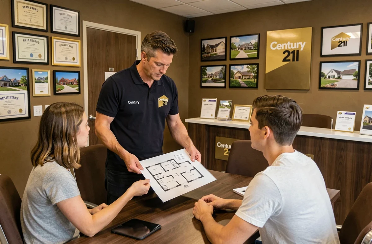 Bureau de l'agence Century 21 Vesoul avec un agent présentant un plan de propriété à un jeune couple