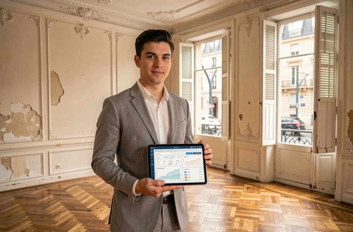 Conseiller immobilier jeune présentant une valorisation numérique dans un appartement haussmannien lyonnais à rénover