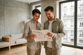 Couple de primo-accédants consultant les plans d'un appartement moderne lors d'une visite immobilière à Paris