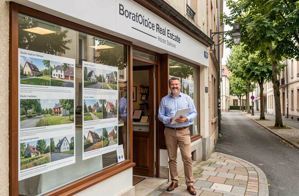 Devanture de l'agence DHA Immobilier avec un agent immobilier en Haute-Saône tenant un dossier de propriété