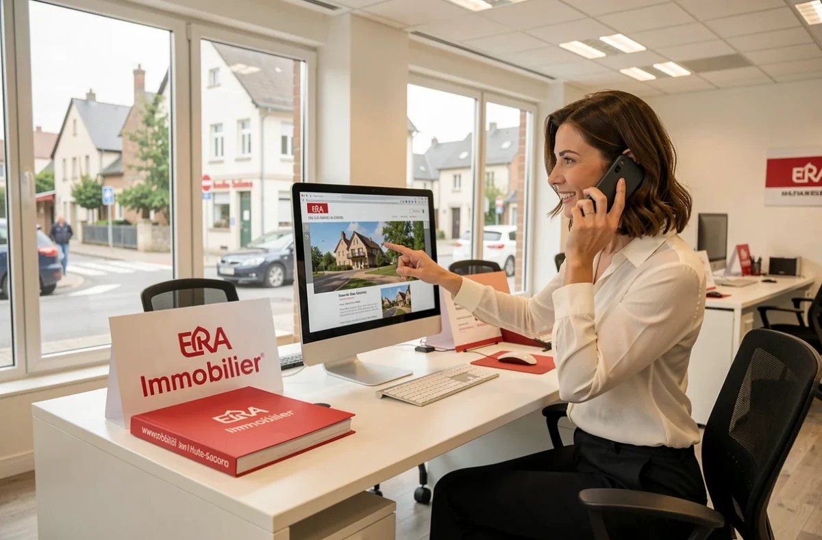 Agence ERA Immobilier en Haute-Saône avec une conseillère dynamique gérant des demandes de clients par téléphone