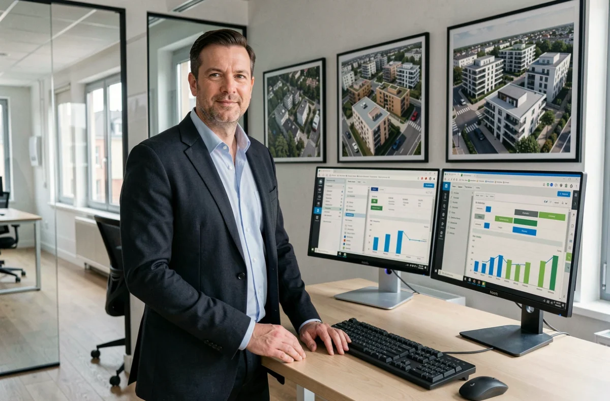 Gestionnaire de Fidelis Immobilier à son bureau connecté dans les locaux de l'agence à Clichy, Hauts-de-Seine