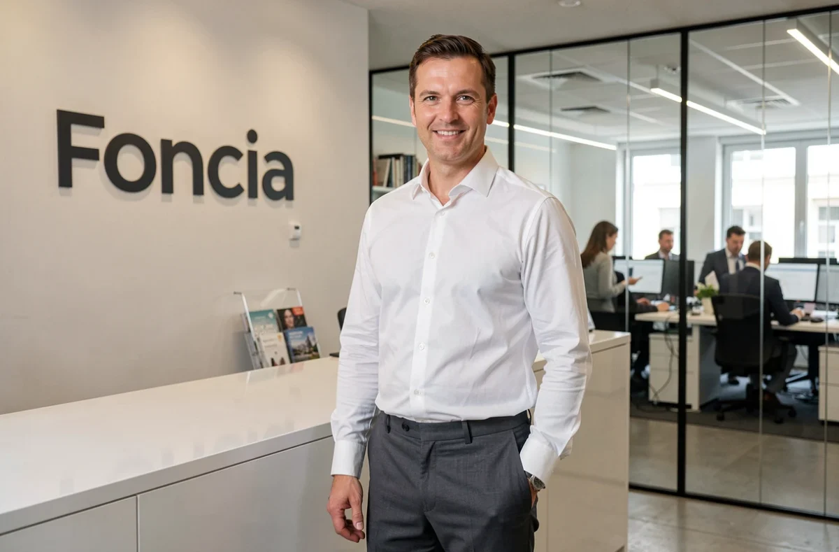 Conseiller Foncia devant le logo de l'agence dans un bureau parisien moderne, premier syndic d'Île-de-France par volume