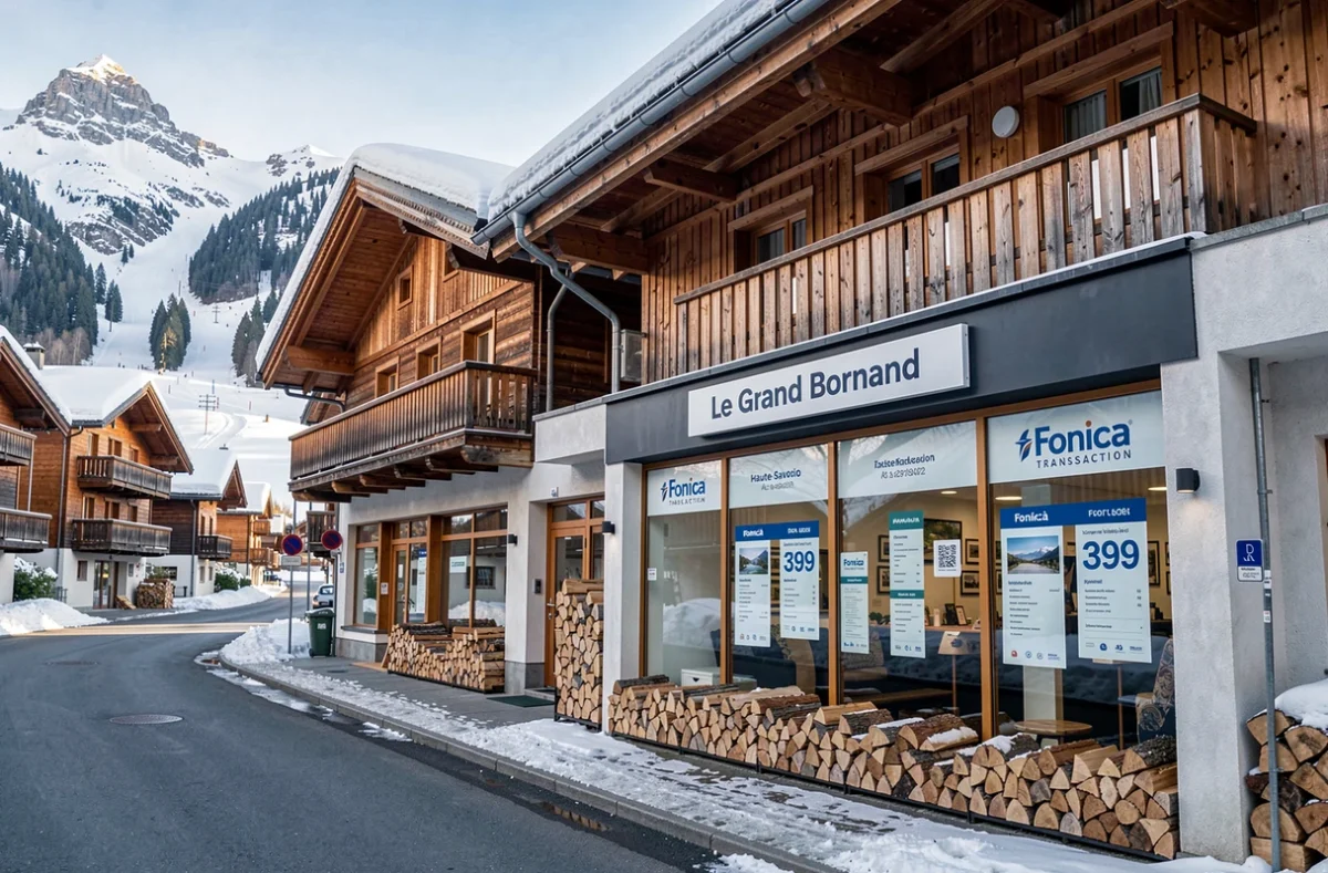 Vitrine de l'agence Foncia Transaction au Grand Bornand avec les chalets alpins enneigés en arrière-plan