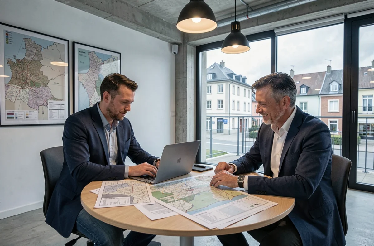Deux professionnels de GR2SA2 étudiant des plans cadastraux et documents fonciers dans un espace de travail contemporain