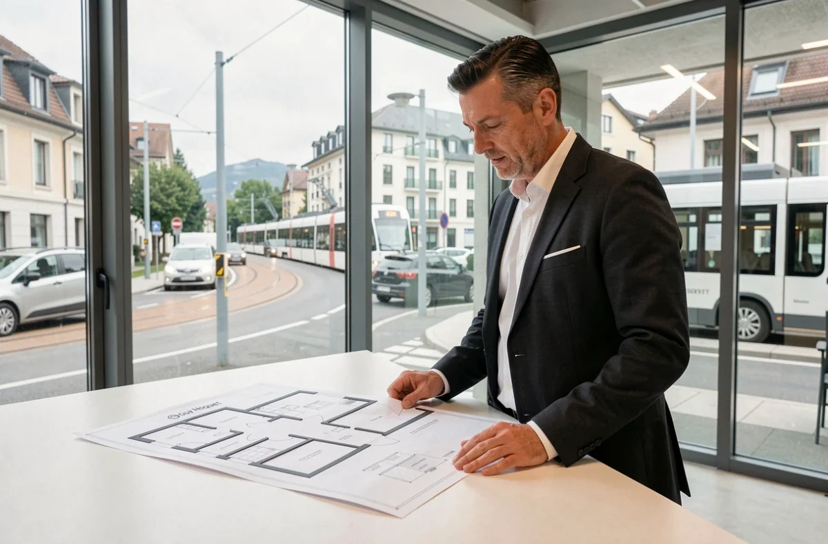 Agent Guy Hoquet examinant un plan de propriété dans l'agence moderne d'Annemasse