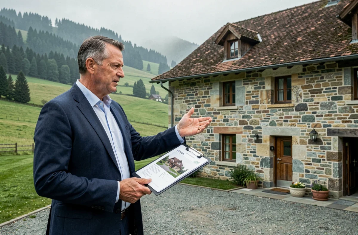 Agent d'Horizon Immobilier présentant une ferme traditionnelle en pierre dans la campagne du Jura