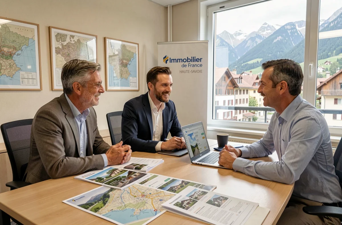 Équipe de conseillers Immobilier de France en réunion autour de documents et d'une carte de la Haute-Savoie