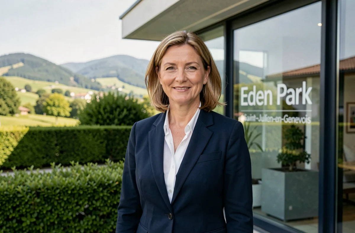 Agente immobilière de L'immobilière Eden Park devant son agence à Saint-Julien-en-Genevois
