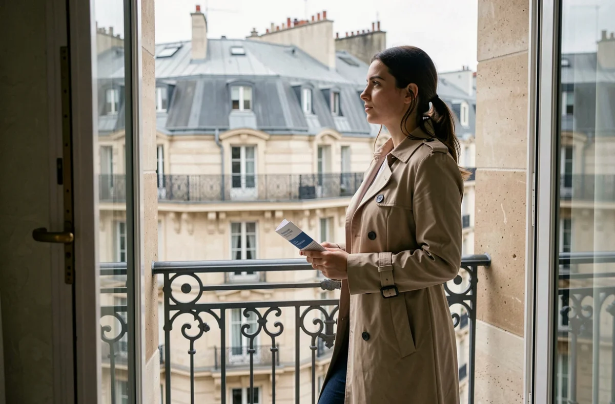 Jeune femme sur le balcon d'un appartement haussmannien à Paris envisageant son premier achat immobilier