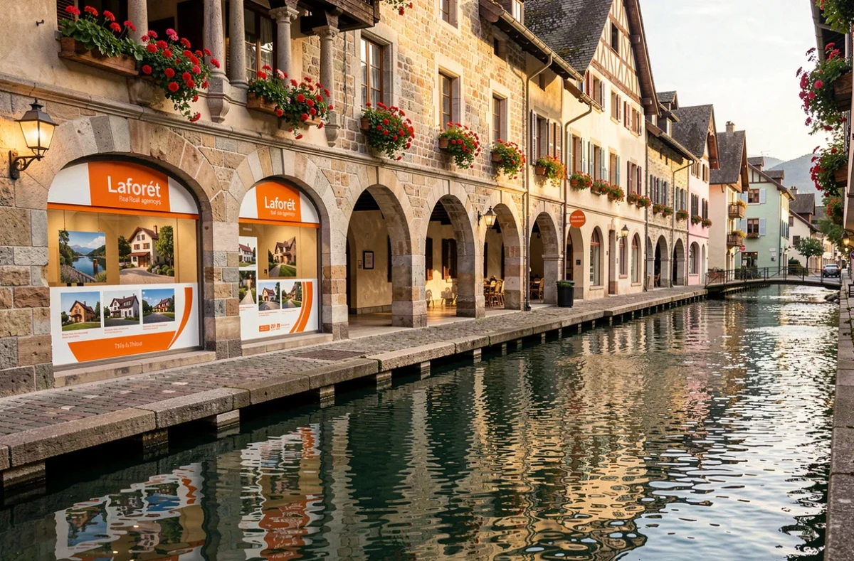 Vitrine de l'agence Laforêt dans la vieille ville d'Annecy au bord du canal du Thiou