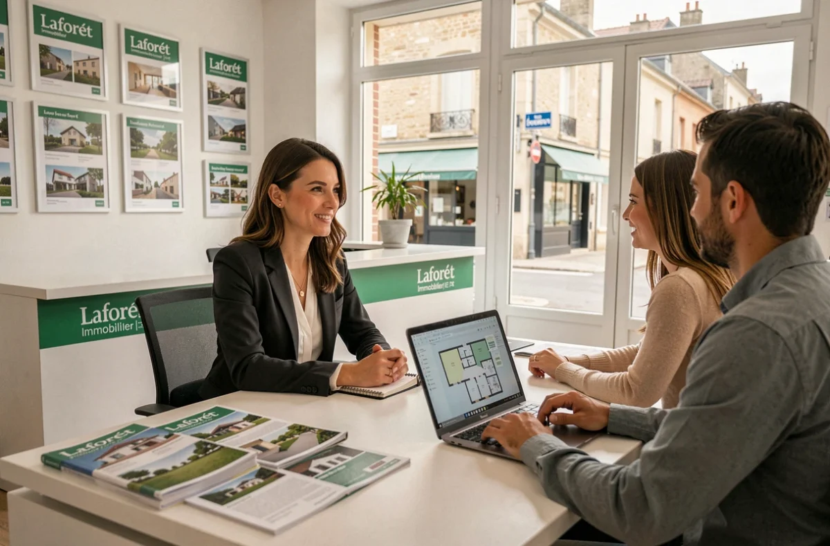 Intérieur de l'agence Laforêt Immobilier à Vesoul avec une conseillère recevant un couple de clients