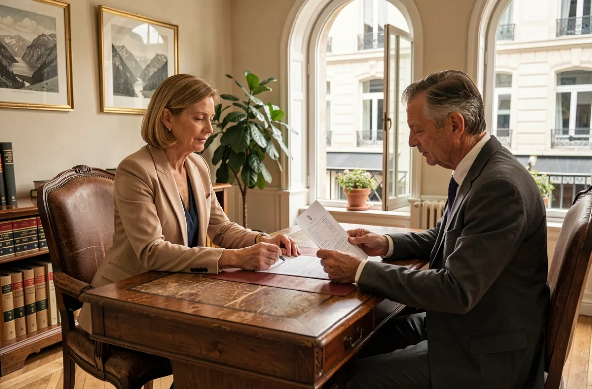 Agente de Lamartine Immobilier en train de réviser un contrat immobilier avec un client dans un bureau de style provincial français