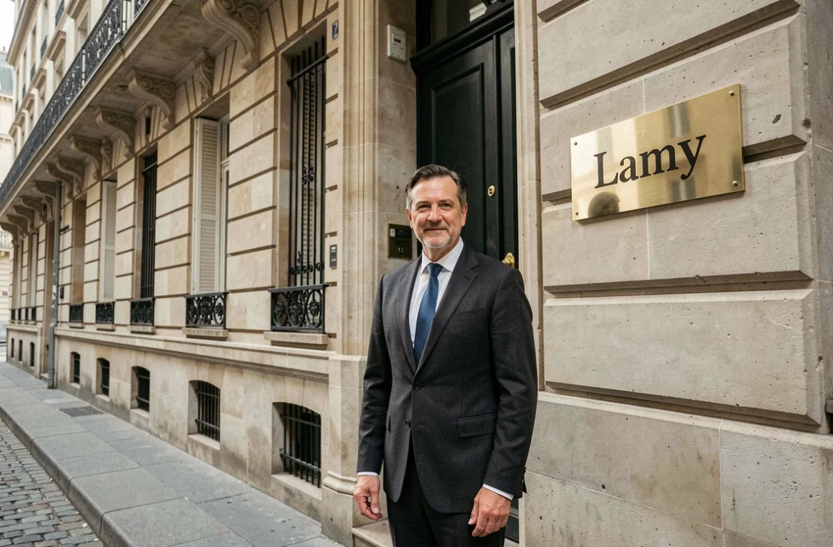 Professionnel du syndic Lamy devant une façade haussmannienne à Paris, agence historique de gestion de copropriété