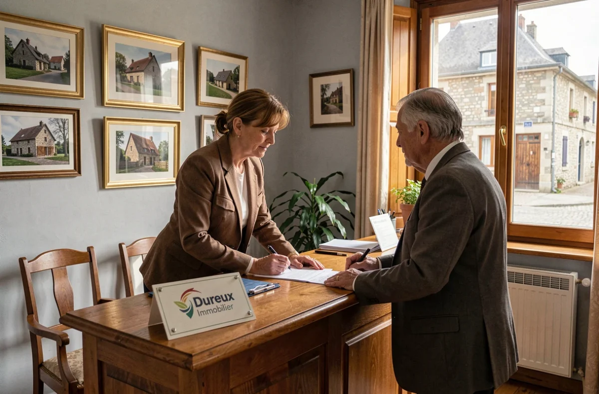Agence La Maison Dureux Immobilier à Gray avec une conseillère aidant un client sur un dossier immobilier