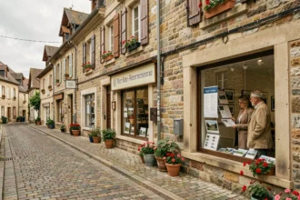 Vue de rue d'une ville de Haute-Saône avec des agences immobilières en façade et un couple consultant des annonces en vitrine