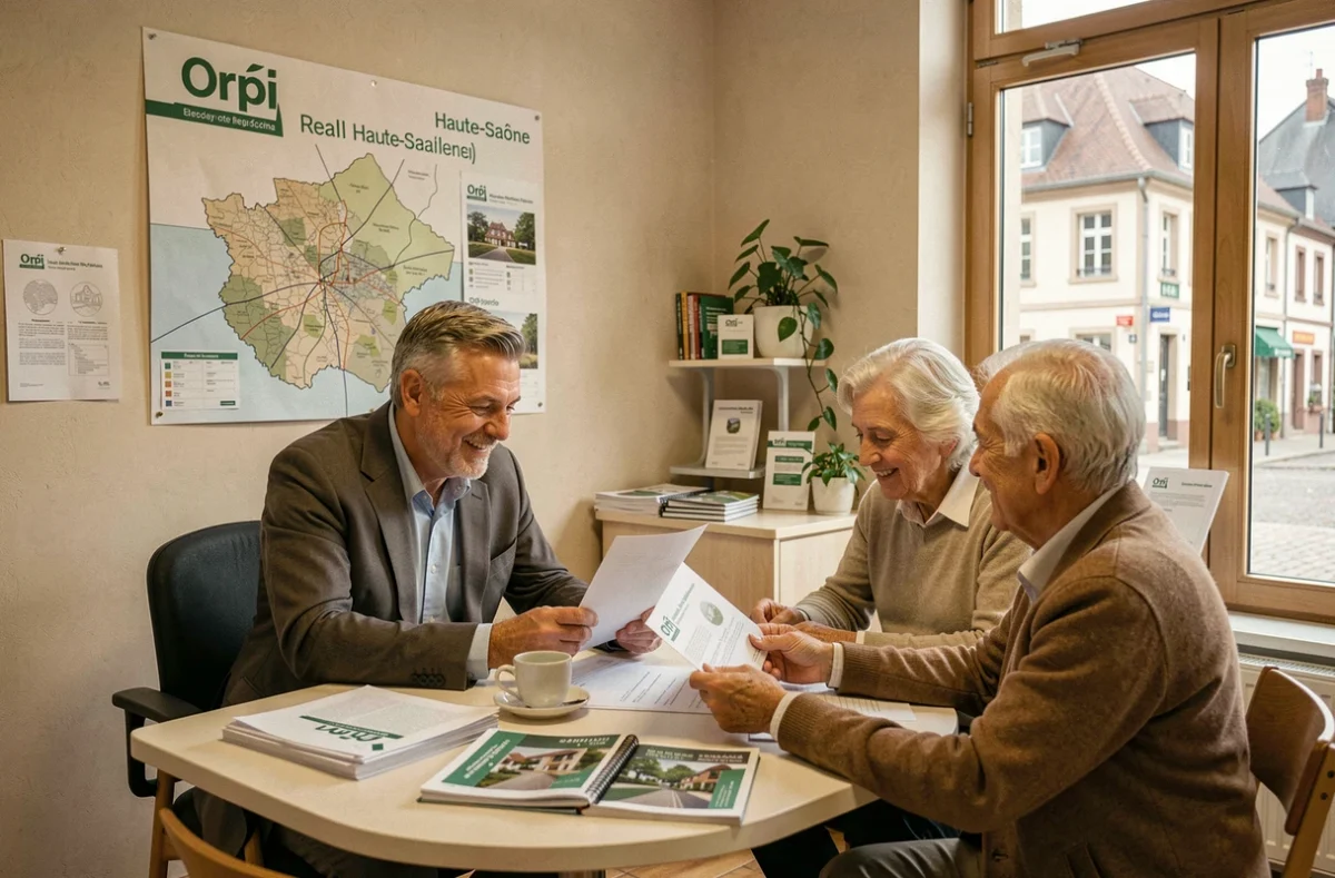 Agence Orpi Haute-Saône avec un agent expérimenté accompagnant un couple de retraités dans leur projet immobilier