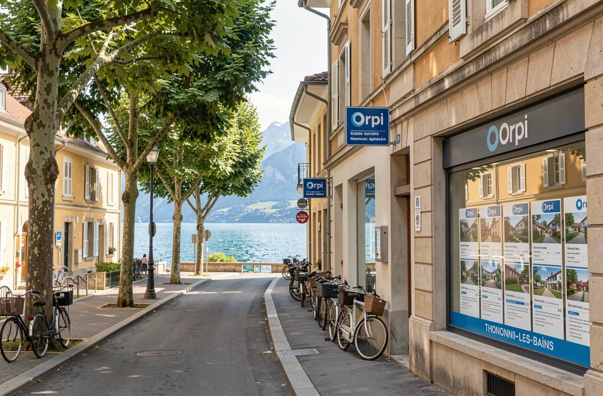 Façade de l'agence Orpi à Thonon-les-Bains avec le lac Léman visible au bout de la rue
