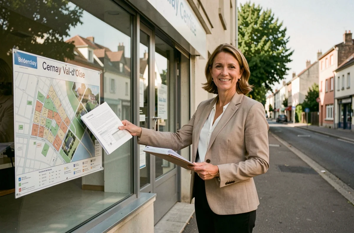 Agent de l'agence Pierre de Ville à Cernay devant la vitrine de l'agence avec carte résidentielle du Val-d'Oise