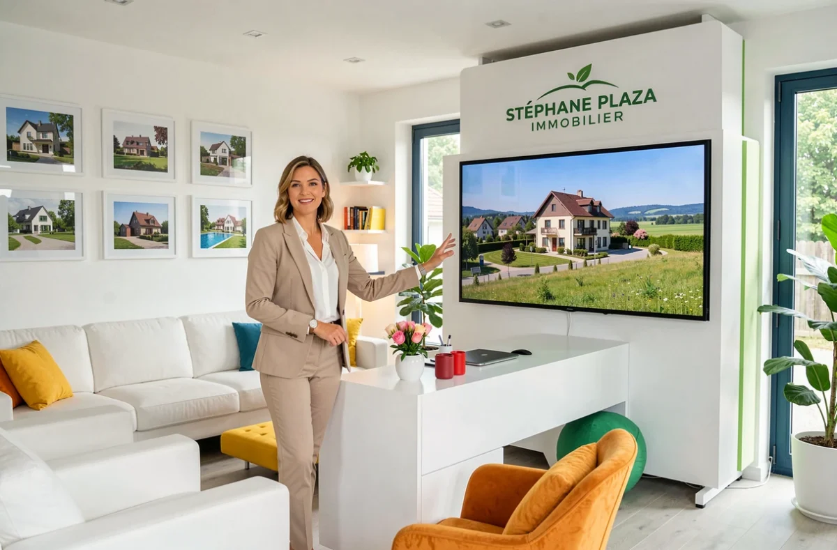 Agence Stéphane Plaza Immobilier en Haute-Saône avec une conseillère présentant un bien résidentiel sur écran tactile